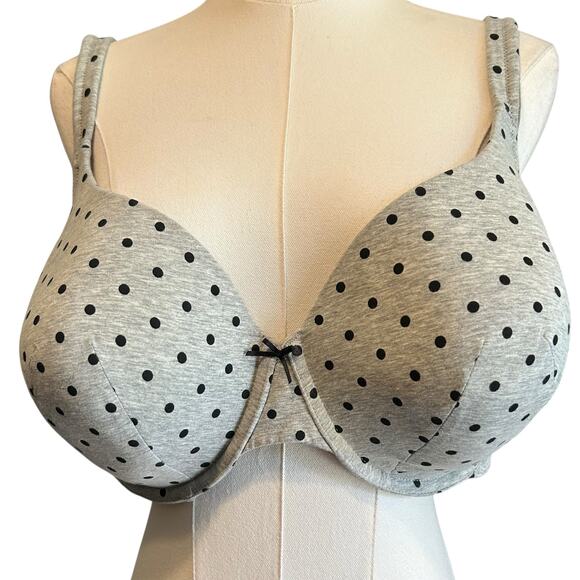 Cacique Lightly Lined T Shirt Bra Gray with Black Polka Dots 46DD Jersey Bow - Picture 1 of 9
